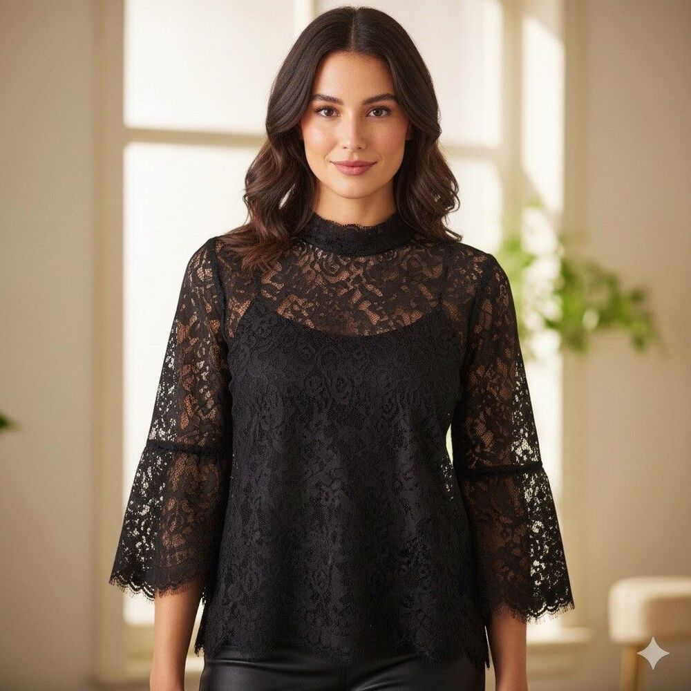Black Lace Semi Sheer Top Size L Bell Sleeve Festival Goth Whimsigoth Whitchy